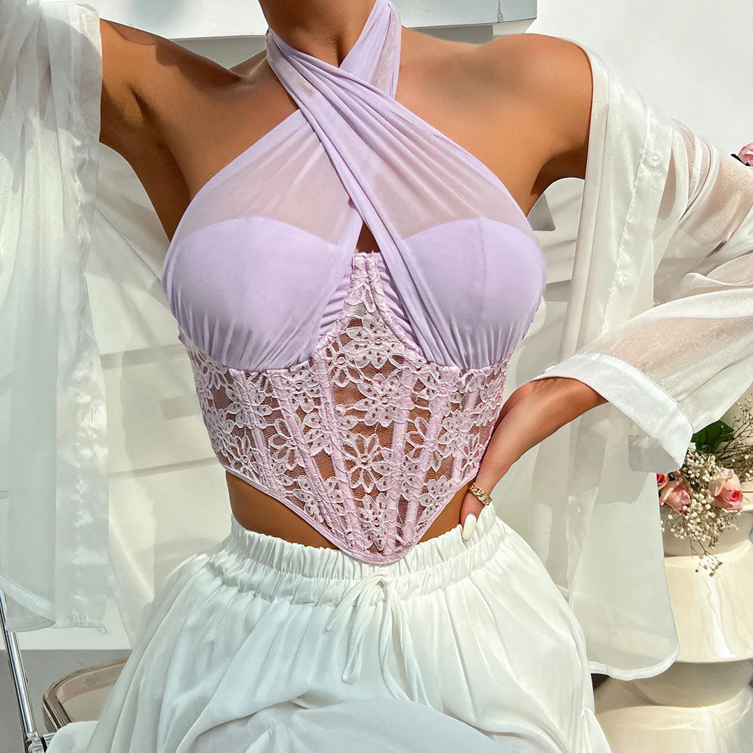 Crossed Halter Neck Lace Floral Mesh Cropped Corset Top - Violet - Image 2