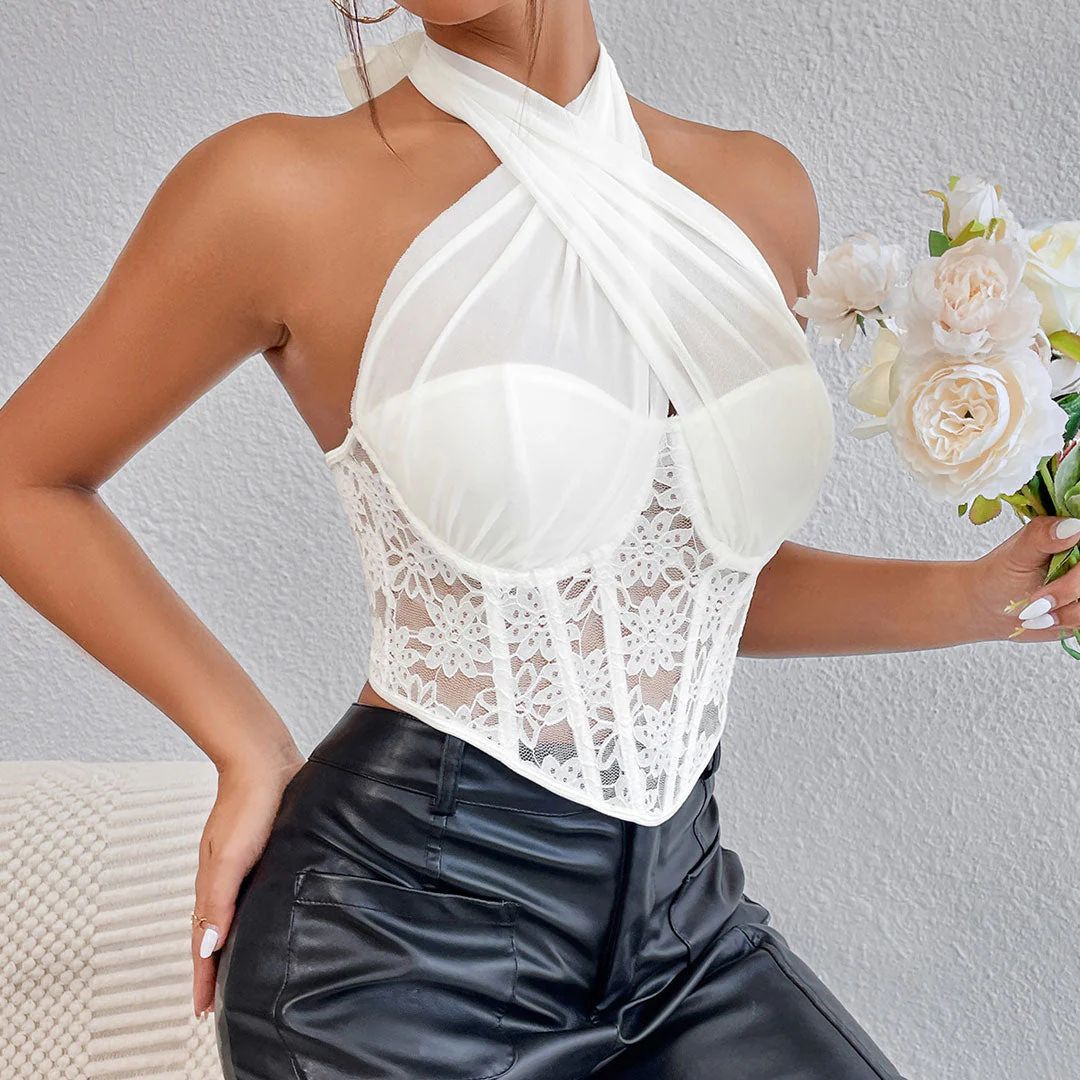 Crossed Halter Neck Lace Floral Mesh Cropped Corset Top - White - Image 2