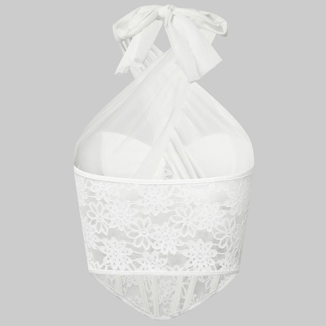 Crossed Halter Neck Lace Floral Mesh Cropped Corset Top - White - Image 4