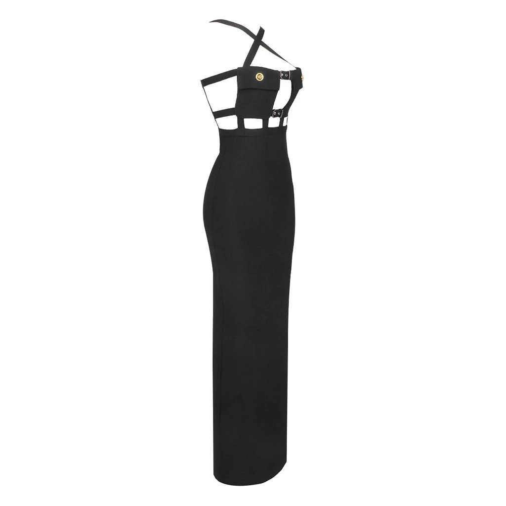 Sexy Crossover Front Chest Pocket CutOut Buckled Strap Split Maxi Evening Dress - Image 2