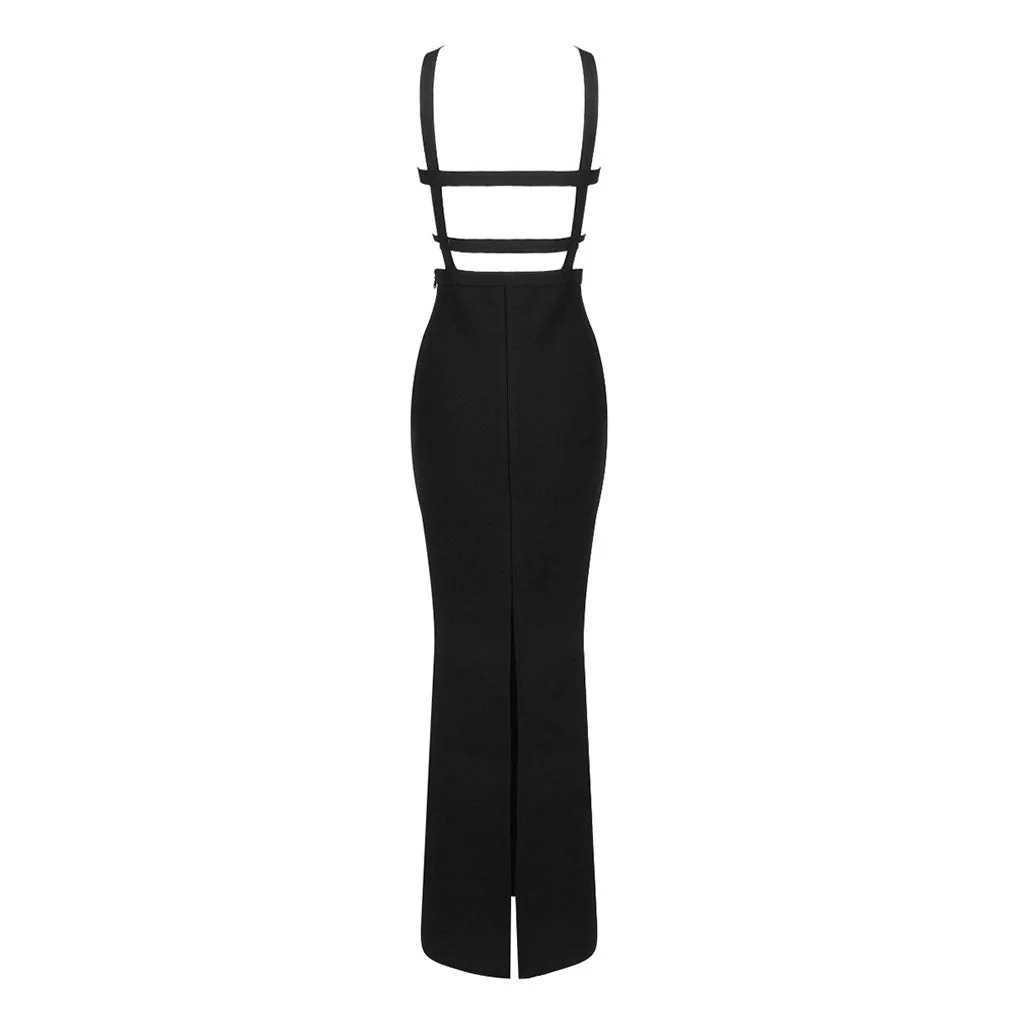 Sexy Crossover Front Chest Pocket CutOut Buckled Strap Split Maxi Evening Dress - Image 3