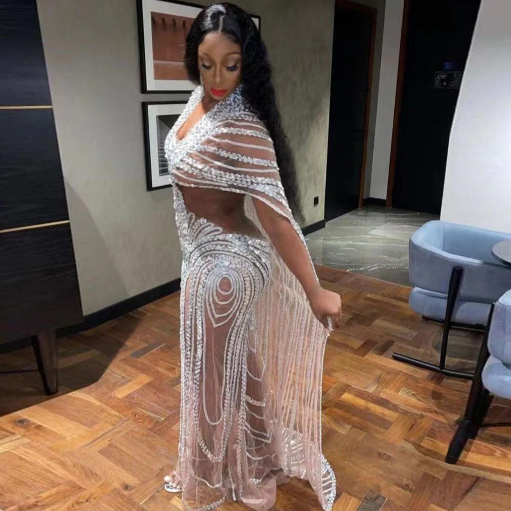 Sexy Crystal Accent Drape Cape CutOut Sheer Mesh Sequin Festive Maxi Formal Dress - Image 3