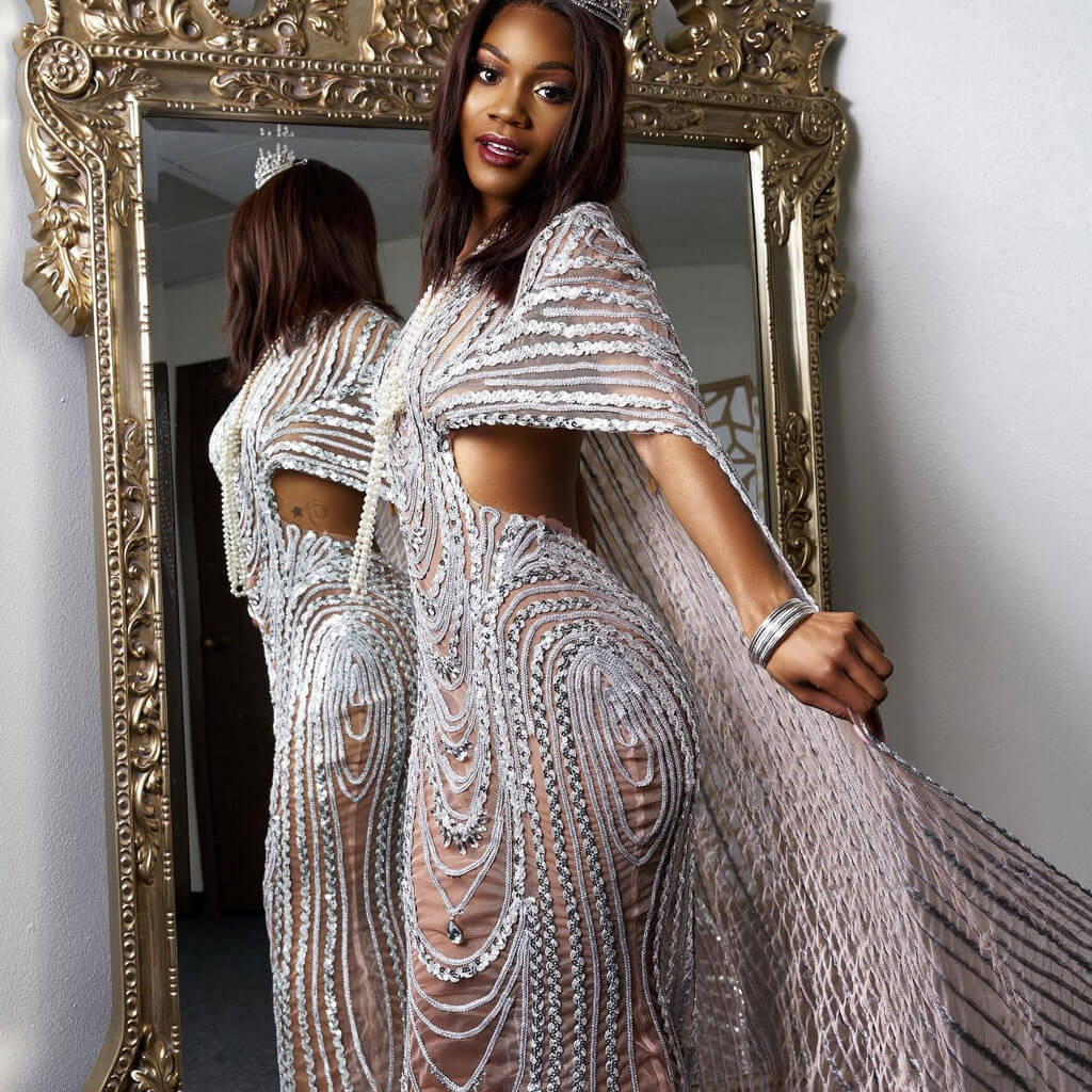 Sexy Crystal Accent Drape Cape CutOut Sheer Mesh Sequin Festive Maxi Formal Dress - Image 4