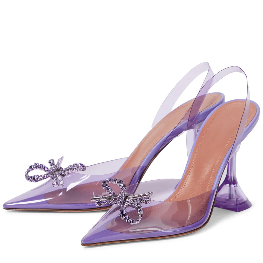 Sexy Crystal Bow PVC Pointed Toe Martini Heel SlingBack Pumps - Purple - Image 3