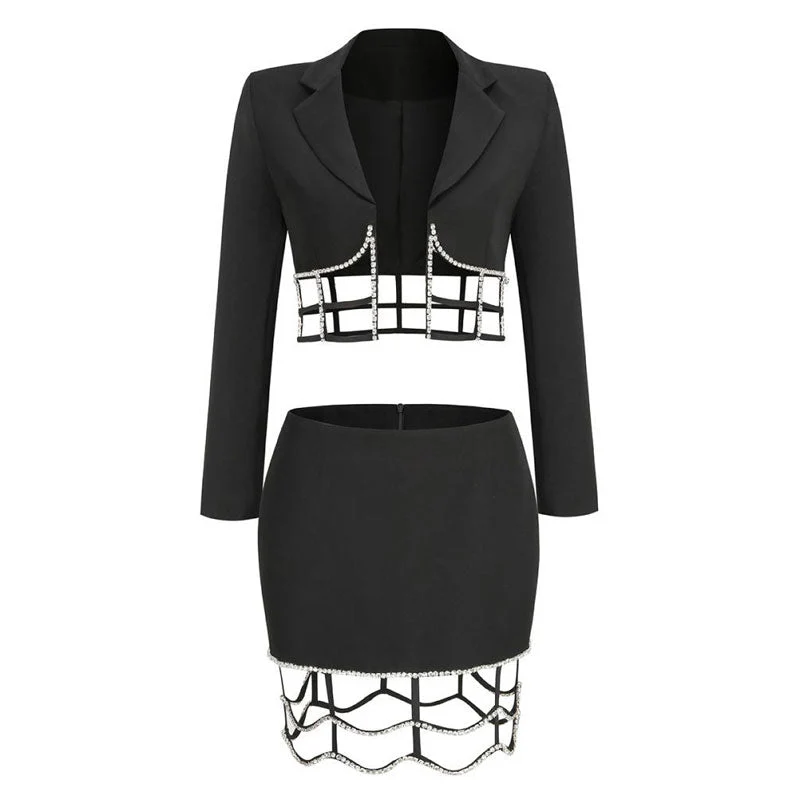 Sexy Crystal Embellished CutOut Lapel Collar Crop Blazer Matching Set - Black - Image 4