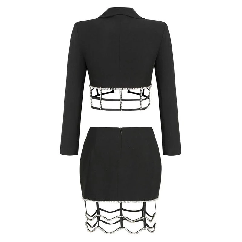 Sexy Crystal Embellished CutOut Lapel Collar Crop Blazer Matching Set - Black - Image 5