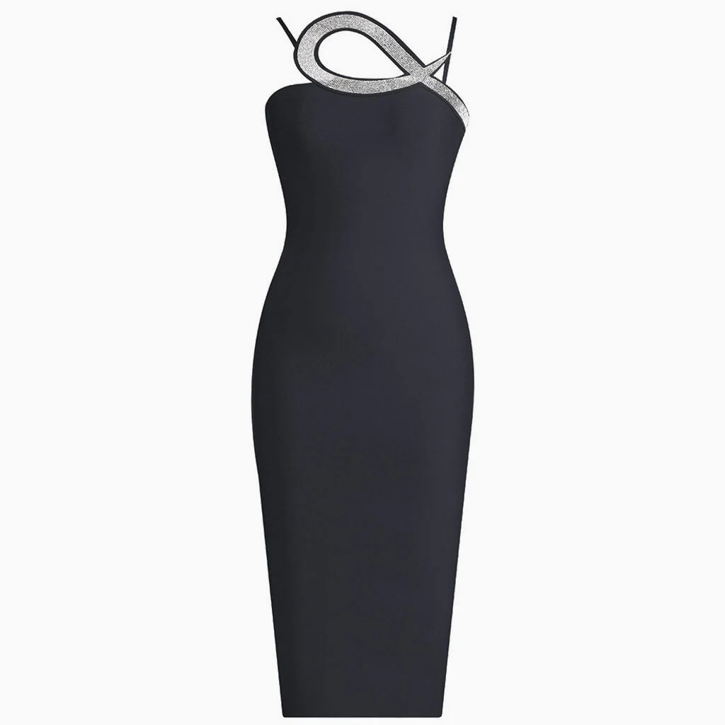 Sexy Crystal Embellished Snake Tail Spaghetti Strap Bodycon Midi Bandage Dress - Image 4
