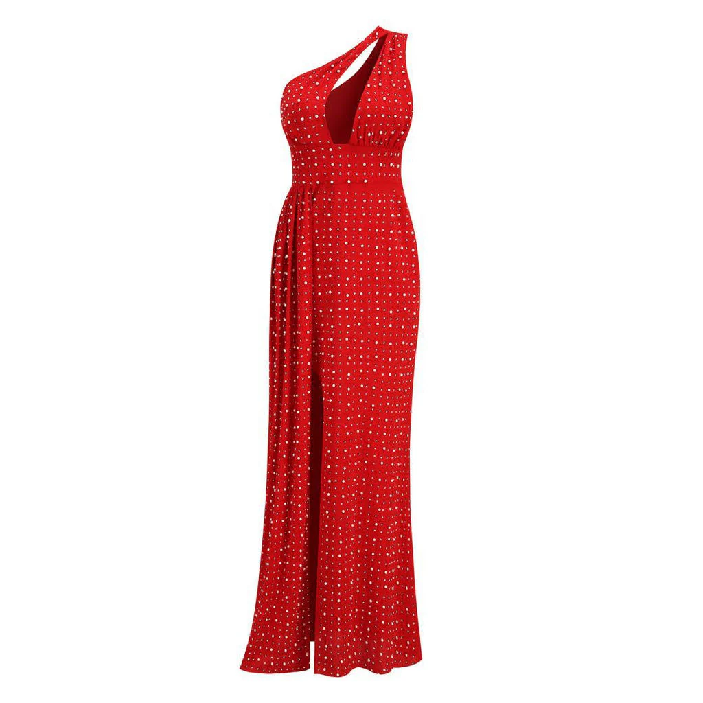 Sexy Crystal Faux Pearl Beaded Split CutOut One Shoulder Maxi Evening Dress - Image 4