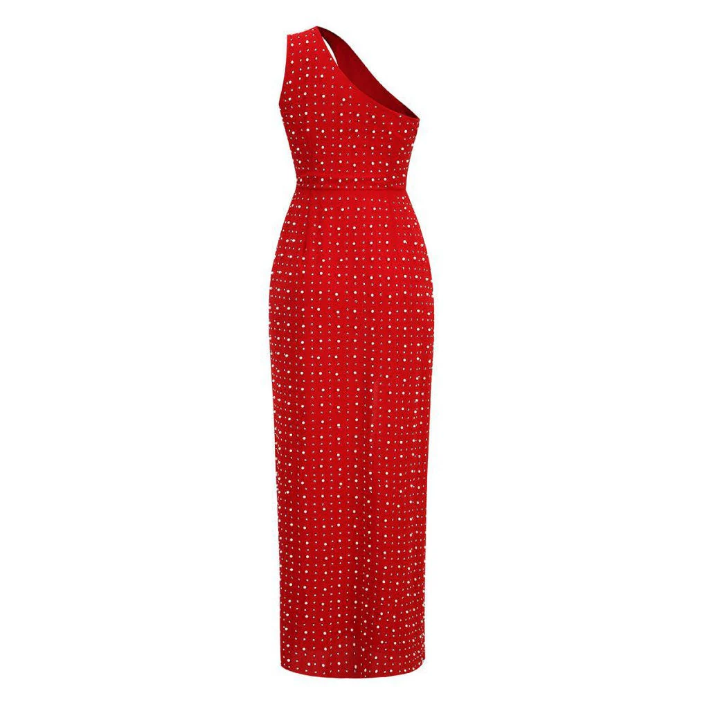 Sexy Crystal Faux Pearl Beaded Split CutOut One Shoulder Maxi Evening Dress - Image 5
