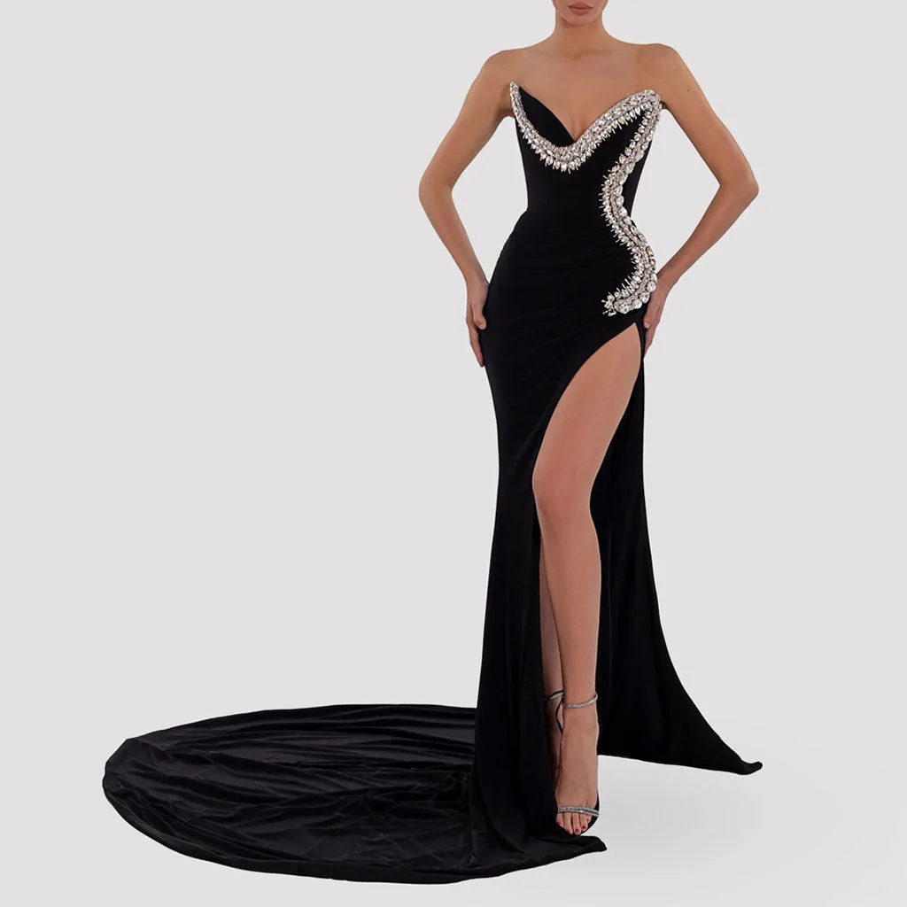 Sexy Crystal Trim Plunging Strapless Thigh Split Velvet Evening Maxi Dress - Image 4
