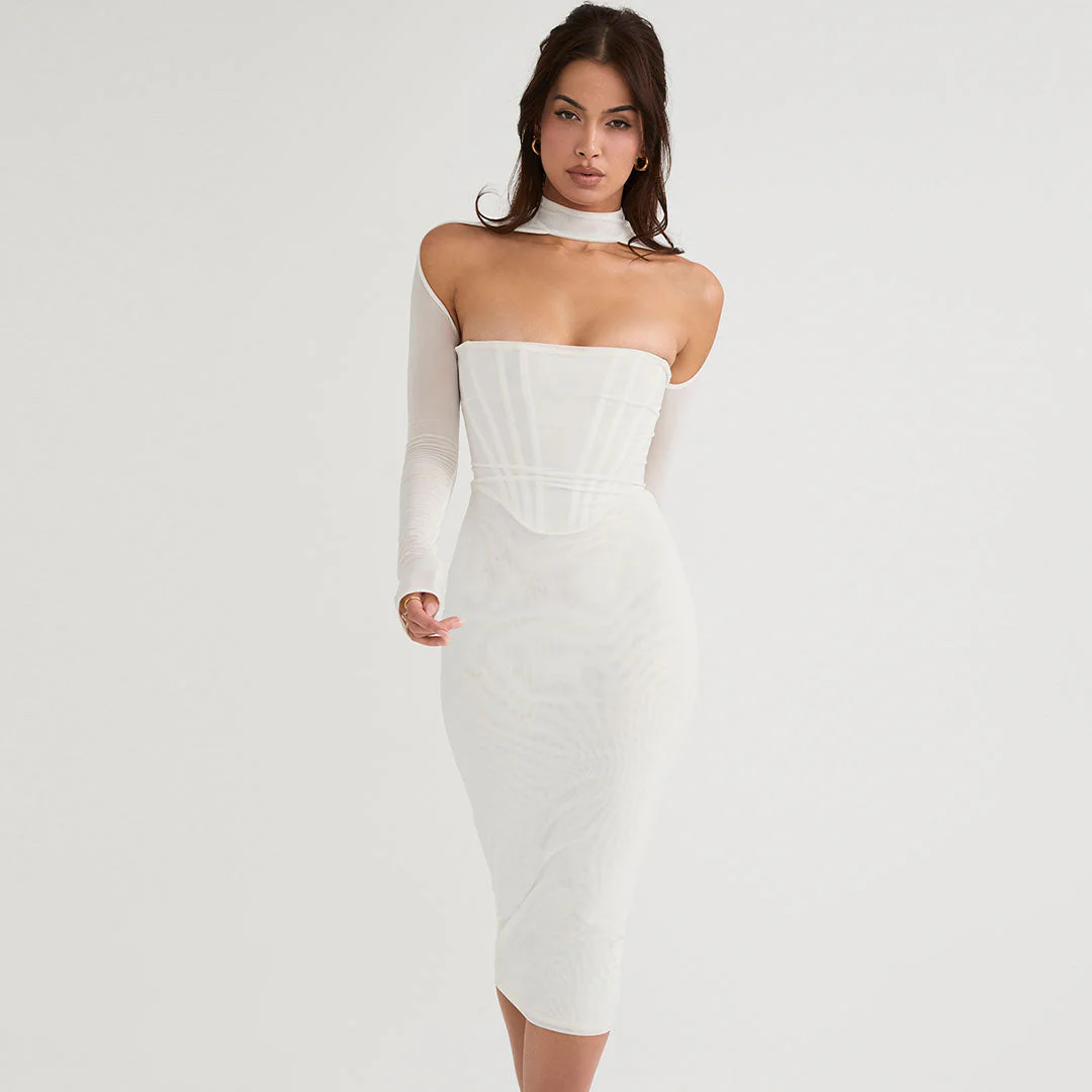 Cut Out Long Sleeve Mesh Bodycon Cocktail Midi Dress - White - Image 2