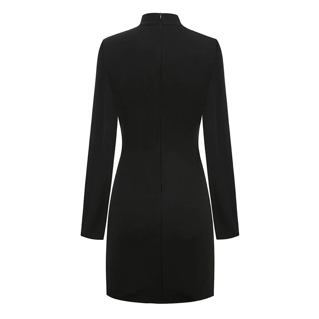 Sexy CutOut Front Lace Panel High Neck Long Sleeve Bodycon Mini Party Dress - Image 2