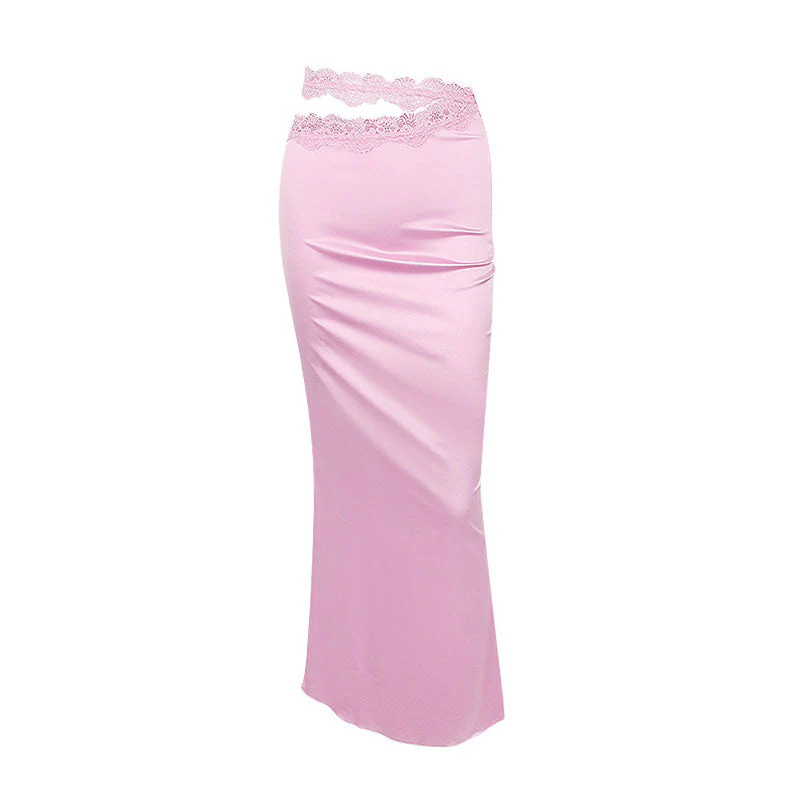 Cutout High Waist Side Zipper Satin Lace Trim Maxi Skirt - Pink - Image 4