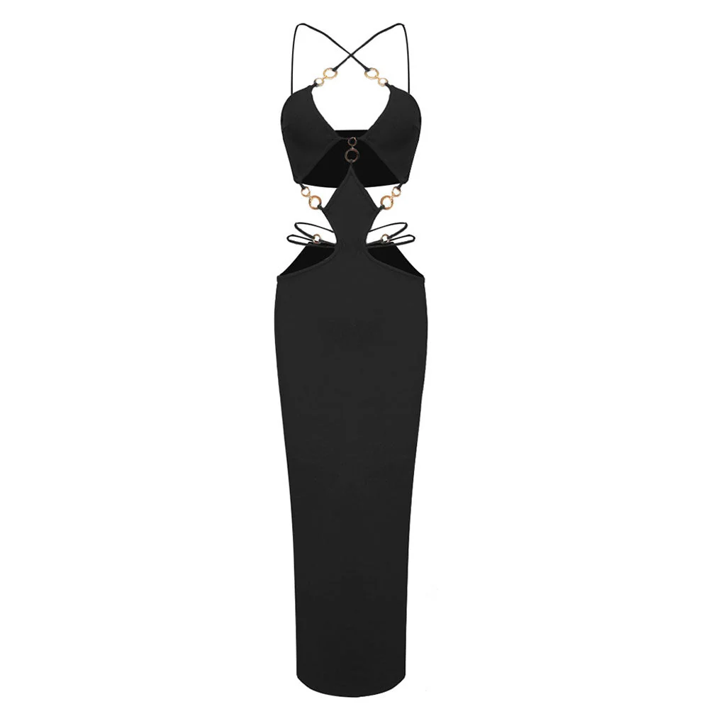 Sexy CutOut O Ring Strappy Sleeveless Back Split Bandage Maxi Evening Dress - Image 5