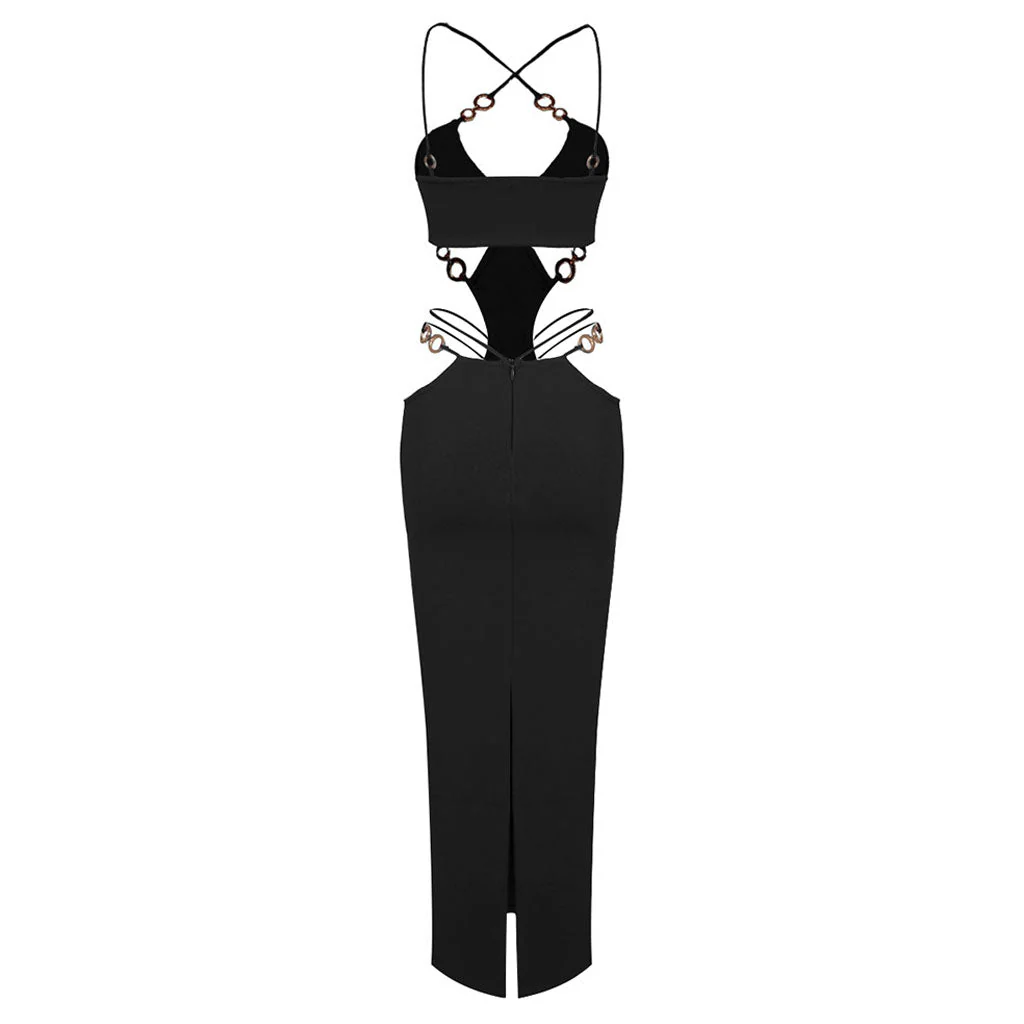 Sexy CutOut O Ring Strappy Sleeveless Back Split Bandage Maxi Evening Dress - Image 6