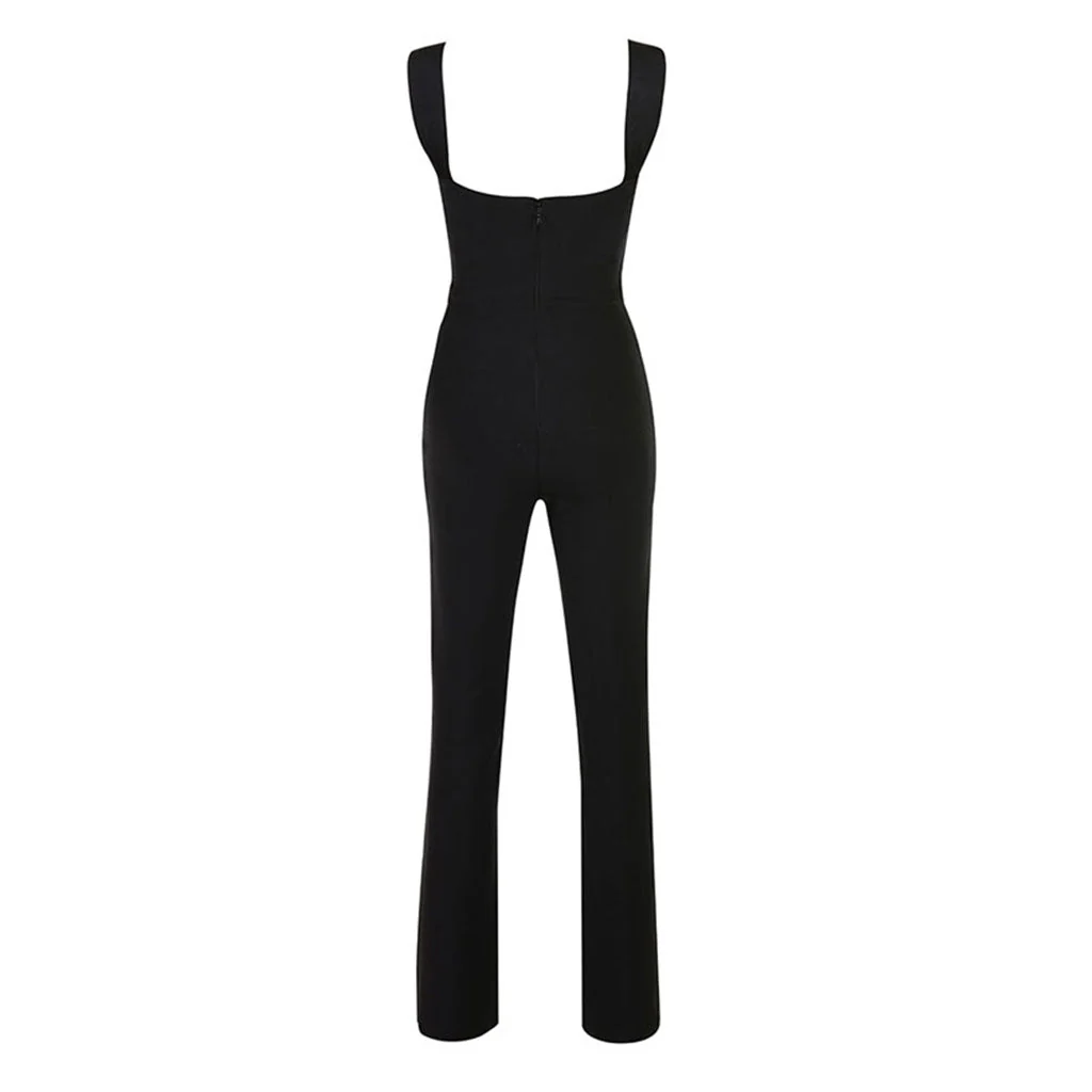 Sexy CutOut Square Neck Suspender Strap Straight Leg Bandage Jumpsuit - Image 2
