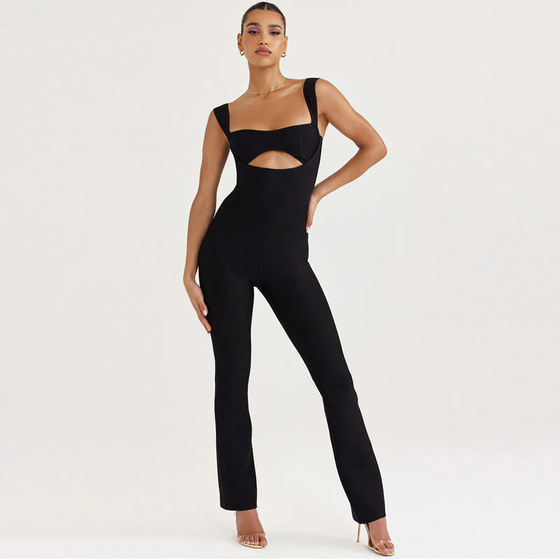 Sexy CutOut Square Neck Suspender Strap Straight Leg Bandage Jumpsuit - Image 5