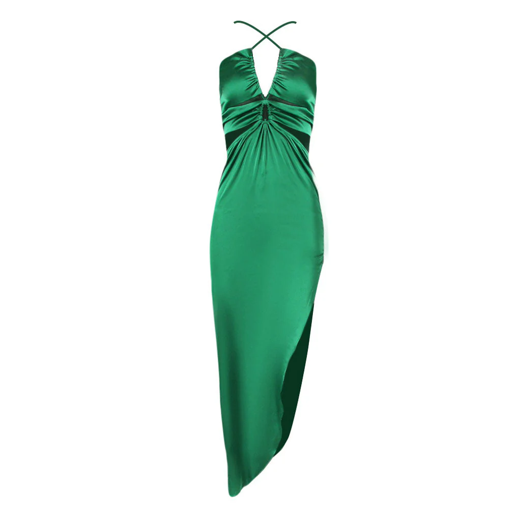 Sexy CutOut Strapless Ruched Cross Detail High Split Maxi Satin Dress - Image 4