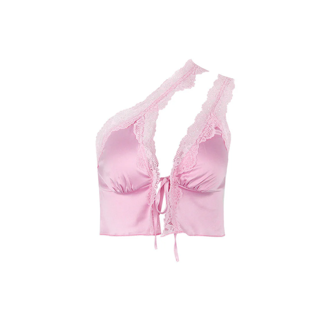 Cutout Tie Front Satin Lace One Shoulder Sleeveless Cropped Top - Pink - Image 4