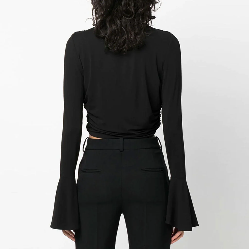 Sexy CutOut V Neck Bell Sleeve 3D Rosette Detail Ruched Crop Top - Image 2