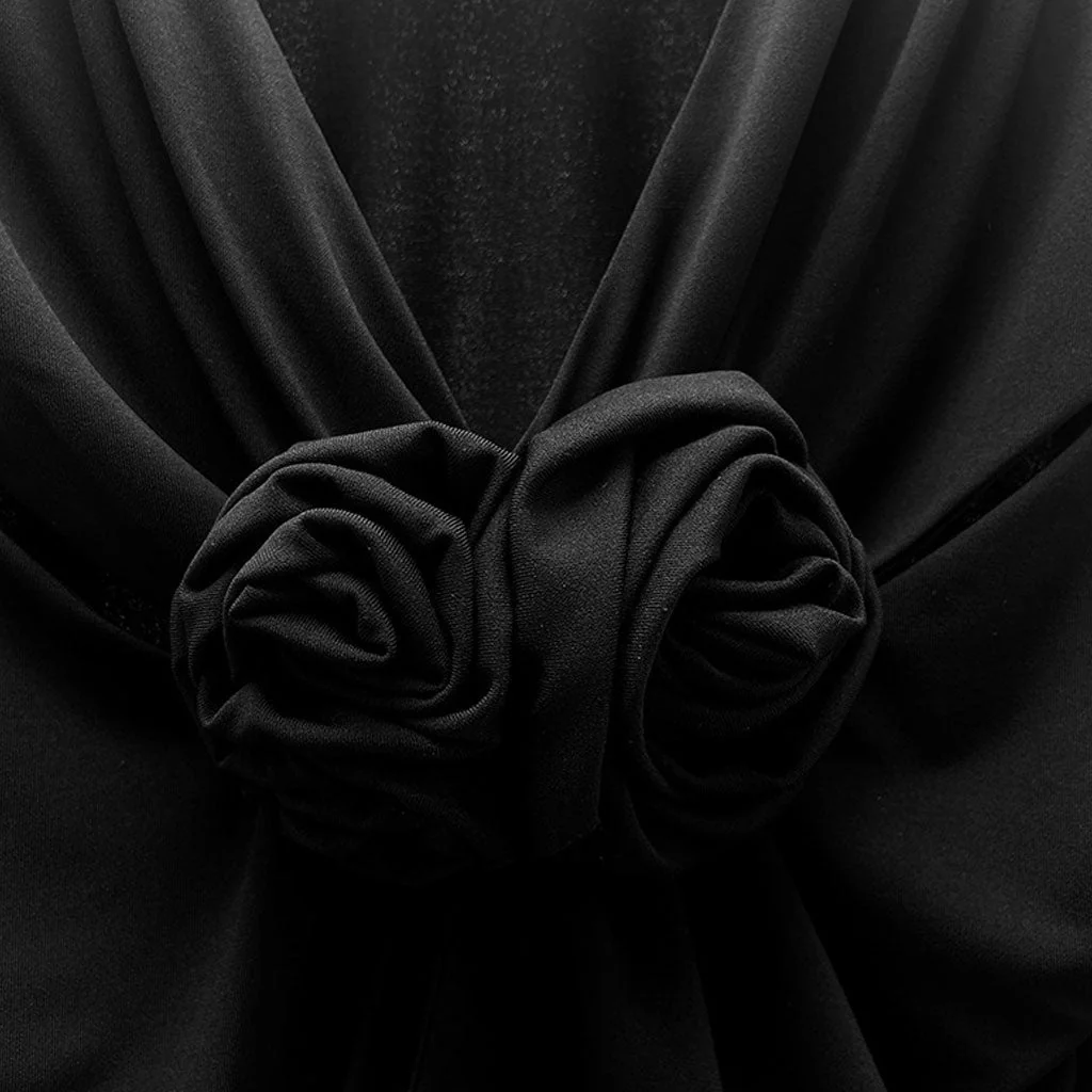 Sexy CutOut V Neck Bell Sleeve 3D Rosette Detail Ruched Crop Top - Image 3