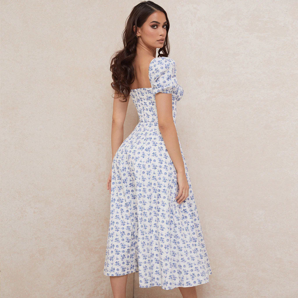 Daisy Printed Puff Sleeve High Slit Smock Maxi Sundress - Blue - Image 4