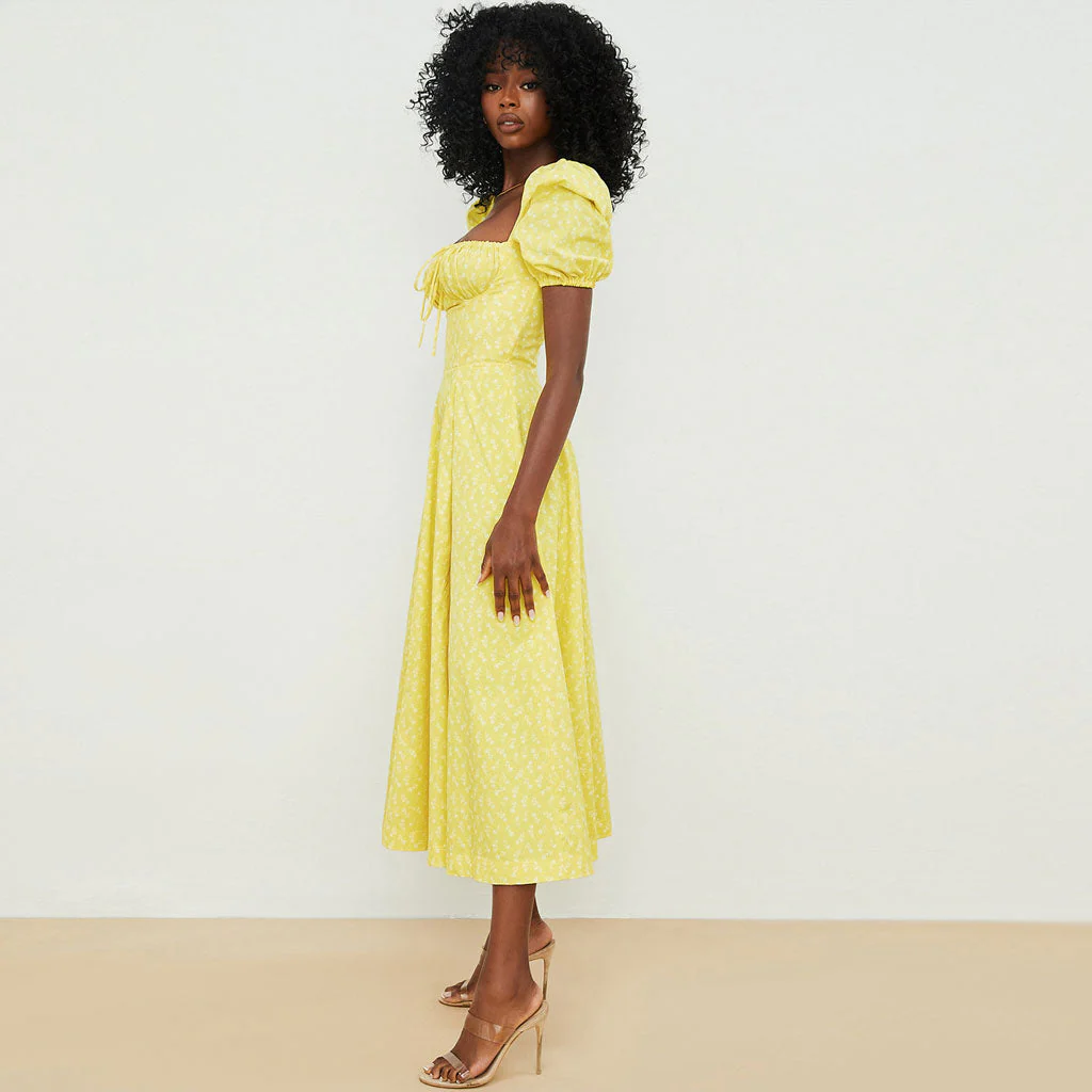 Daisy Printed Puff Sleeve High Slit Smock Maxi Sundress - Dark Yellow - Image 2