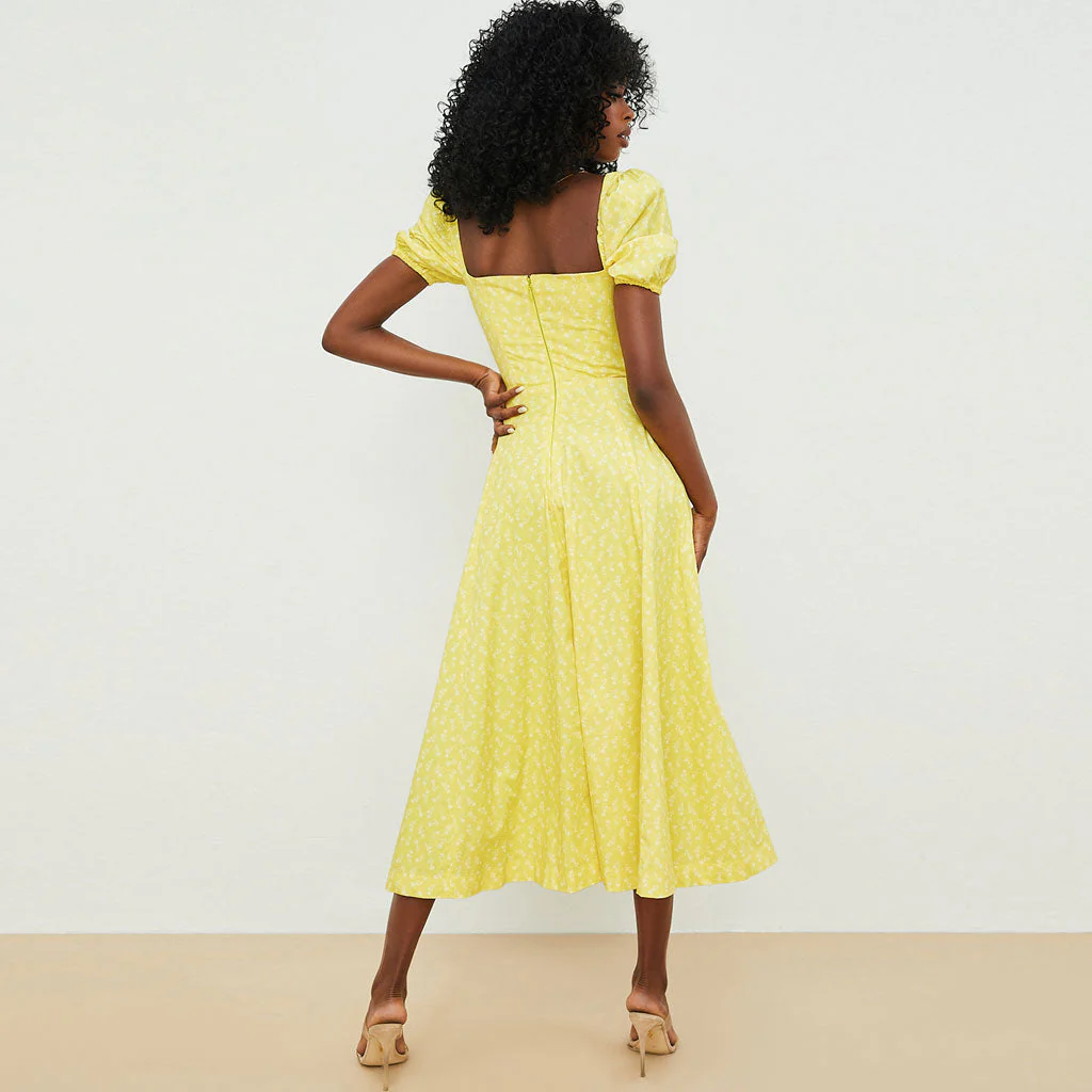 Daisy Printed Puff Sleeve High Slit Smock Maxi Sundress - Dark Yellow - Image 3