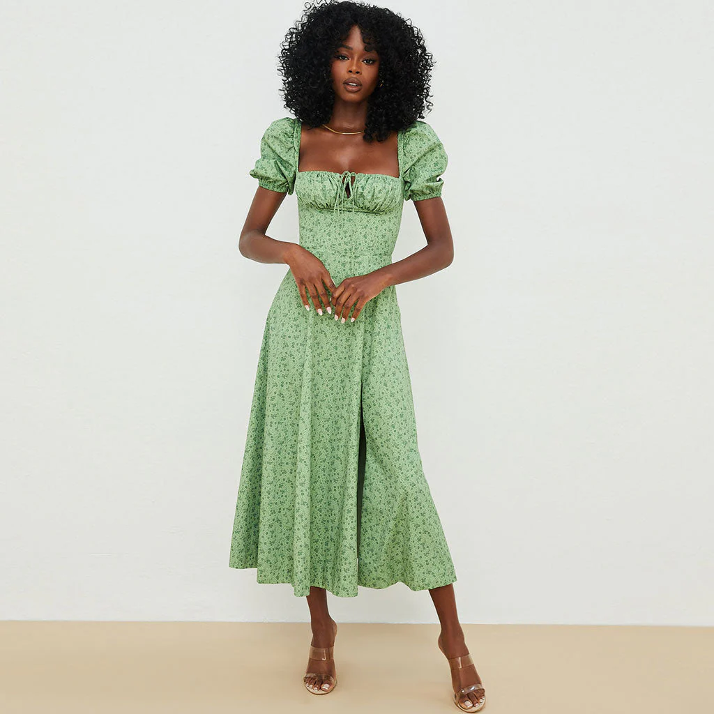 Daisy Printed Puff Sleeve High Slit Smock Maxi Sundress - Green - Image 2