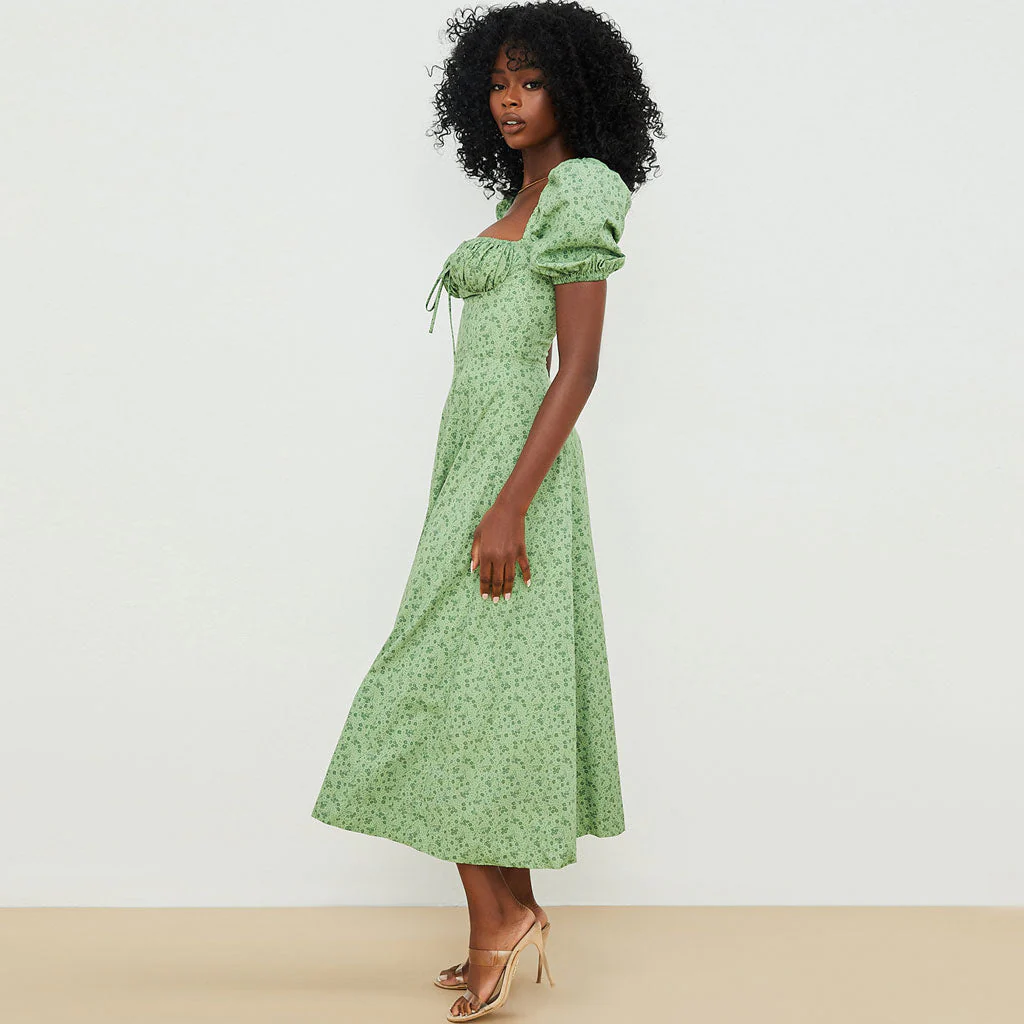 Daisy Printed Puff Sleeve High Slit Smock Maxi Sundress - Green - Image 3