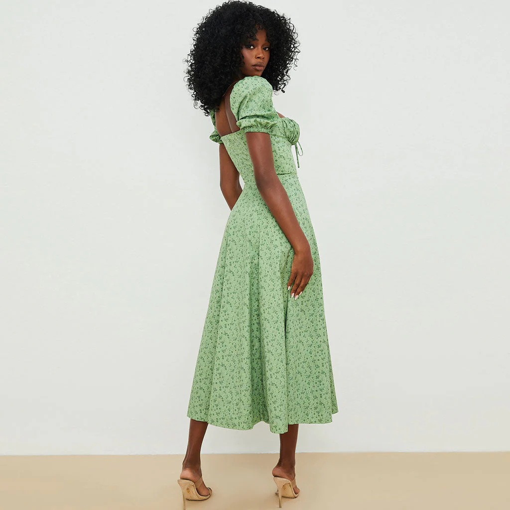 Daisy Printed Puff Sleeve High Slit Smock Maxi Sundress - Green - Image 4