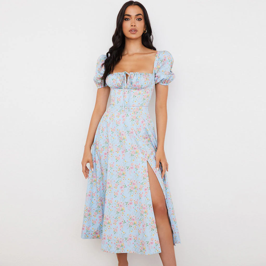 Daisy Printed Puff Sleeve High Slit Smock Maxi Sundress - Light Blue - Image 2