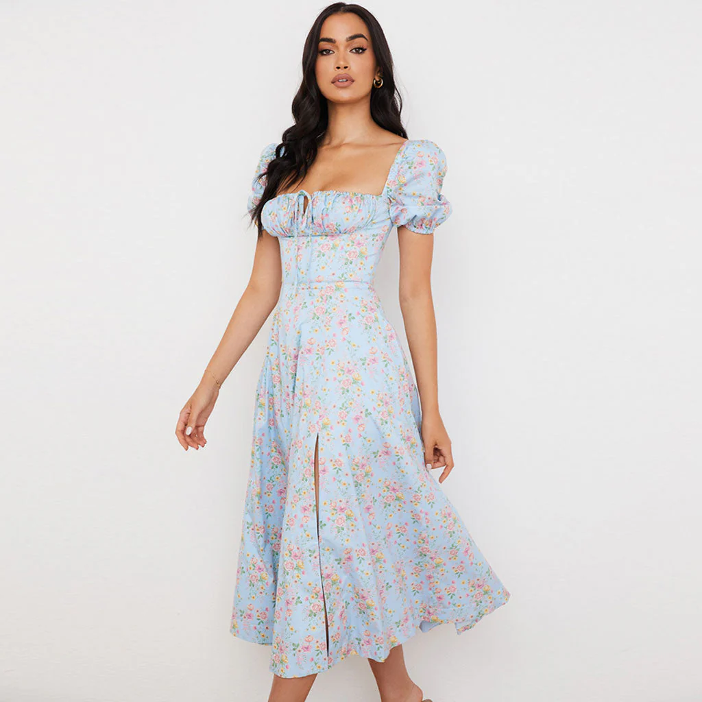 Daisy Printed Puff Sleeve High Slit Smock Maxi Sundress - Light Blue - Image 3