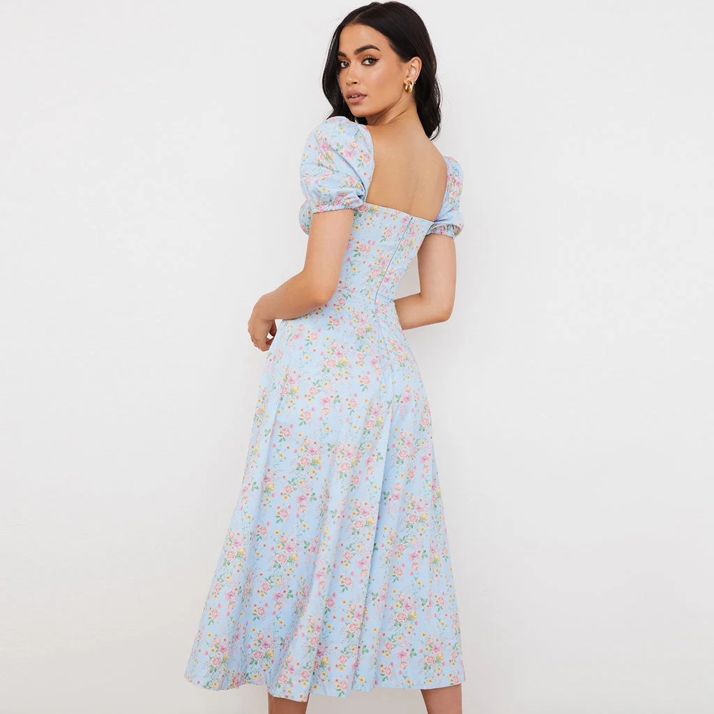 Daisy Printed Puff Sleeve High Slit Smock Maxi Sundress - Light Blue - Image 4