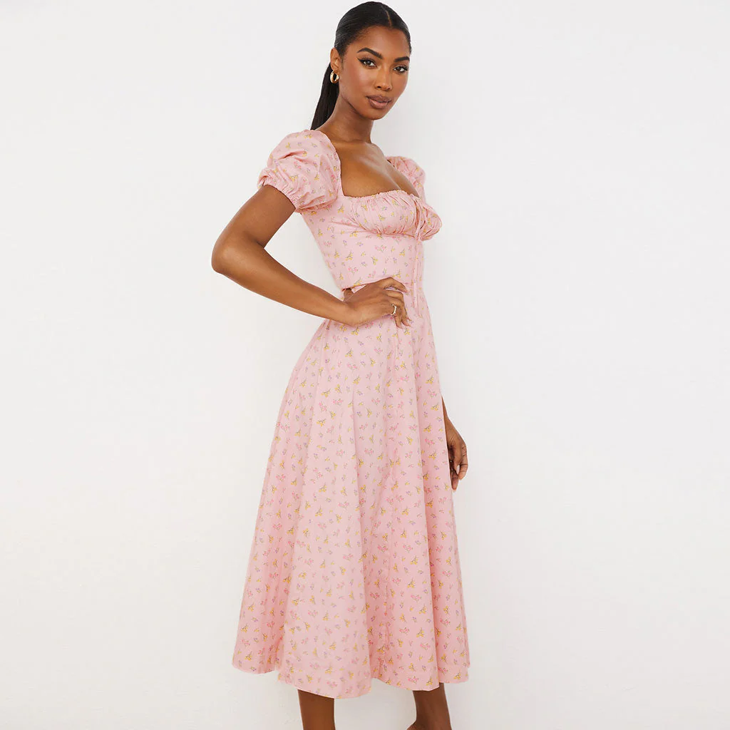 Daisy Printed Puff Sleeve High Slit Smock Maxi Sundress - Pink - Image 2