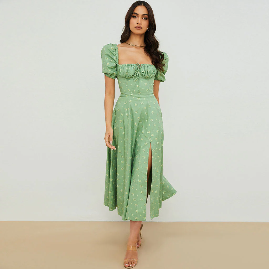 Daisy Printed Puff Sleeve High Slit Smock Maxi Sundress - Sage Green - Image 2