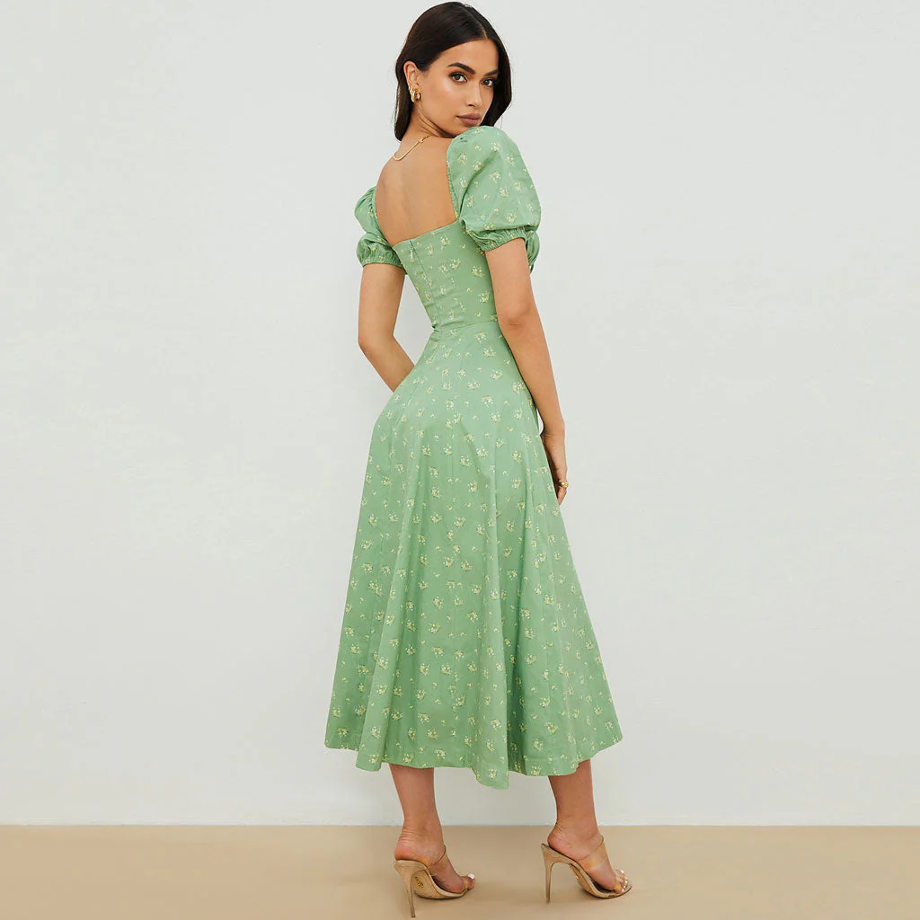 Daisy Printed Puff Sleeve High Slit Smock Maxi Sundress - Sage Green - Image 3