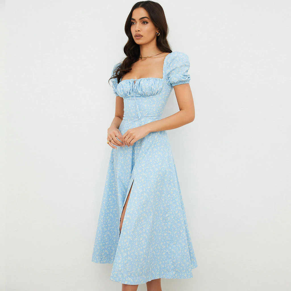 Daisy Printed Puff Sleeve High Slit Smock Maxi Sundress - Sky Blue - Image 2