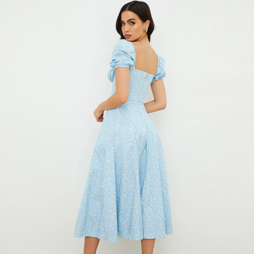 Daisy Printed Puff Sleeve High Slit Smock Maxi Sundress - Sky Blue - Image 3