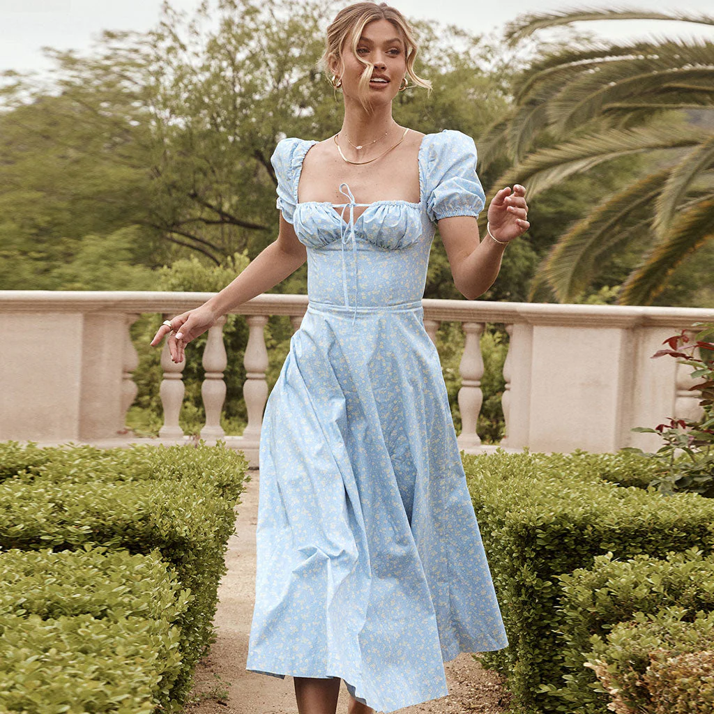 Daisy Printed Puff Sleeve High Slit Smock Maxi Sundress - Sky Blue - Image 4