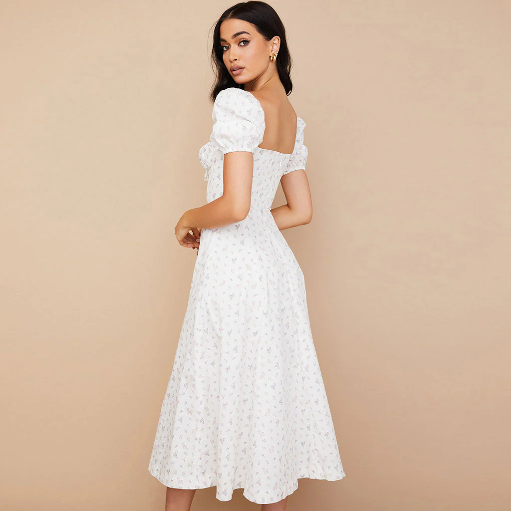 Daisy Printed Puff Sleeve High Slit Smock Maxi Sundress - White - Image 3