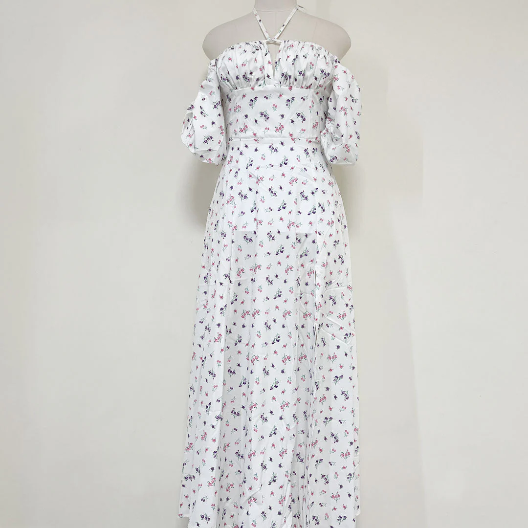 Daisy Printed Puff Sleeve High Slit Smock Maxi Sundress - White - Image 4