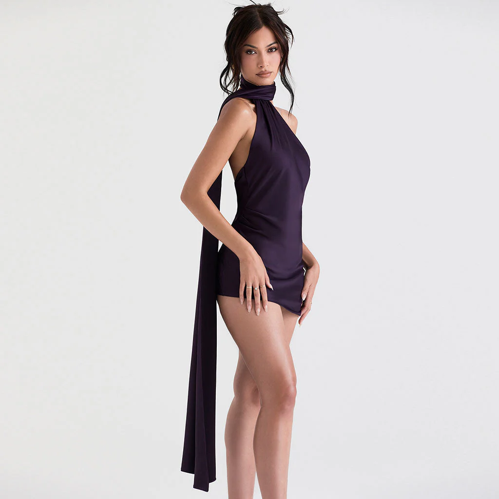 Sexy Draped Halter Neck Backless Sleeveless Satin Mini Dress - Purple - Image 4