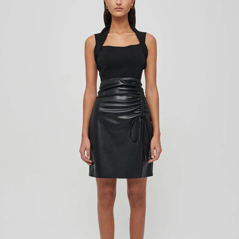 Sexy Drawstring Ruched Side Slit Faux Leather Mini Bodycon Skirt - Black - Image 2