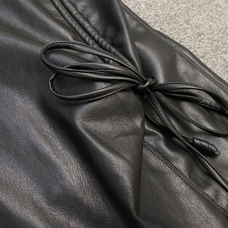 Sexy Drawstring Ruched Side Slit Faux Leather Mini Bodycon Skirt - Black - Image 3