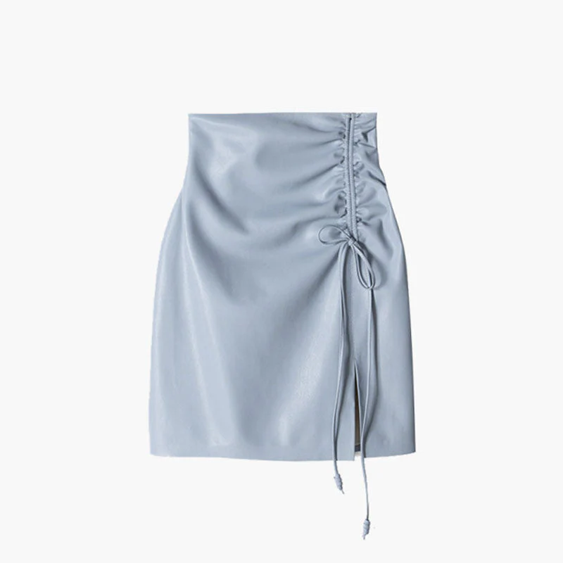 Sexy Drawstring Ruched Side Slit Faux Leather Mini Bodycon Skirt - Dusty Blue - Image 3