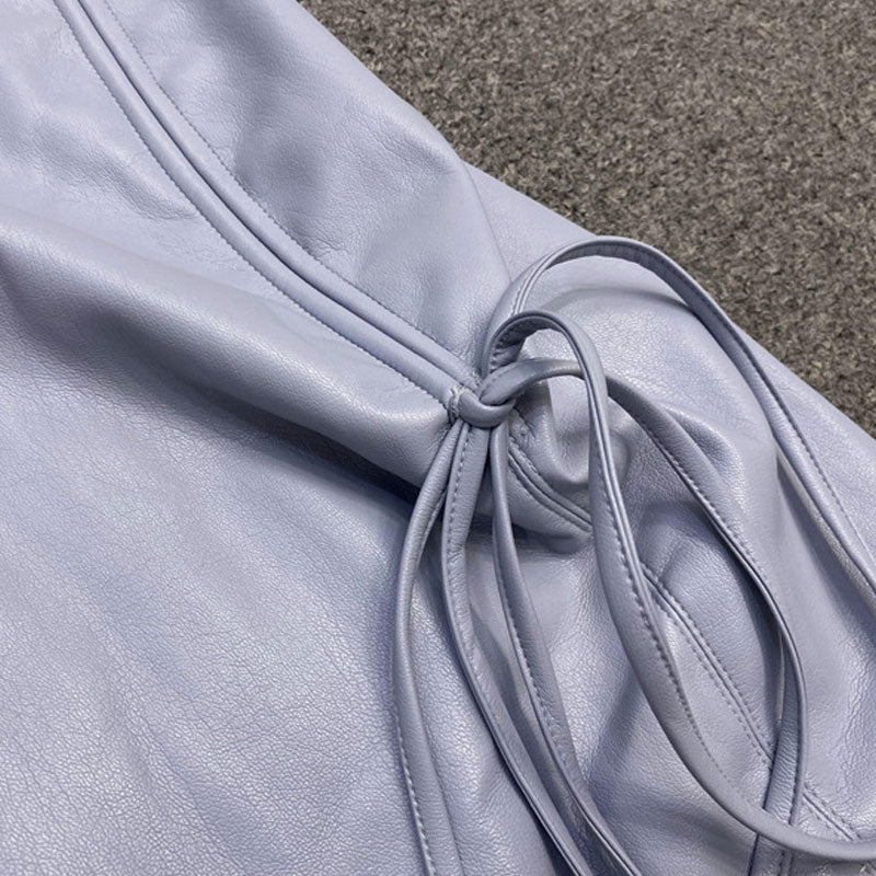 Sexy Drawstring Ruched Side Slit Faux Leather Mini Bodycon Skirt - Dusty Blue - Image 4