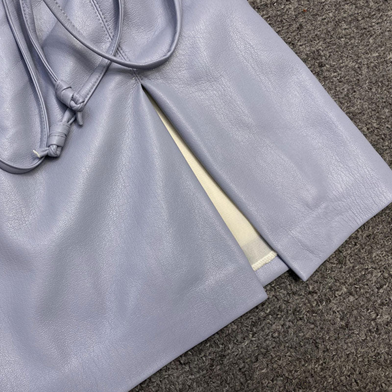 Sexy Drawstring Ruched Side Slit Faux Leather Mini Bodycon Skirt - Dusty Blue - Image 5