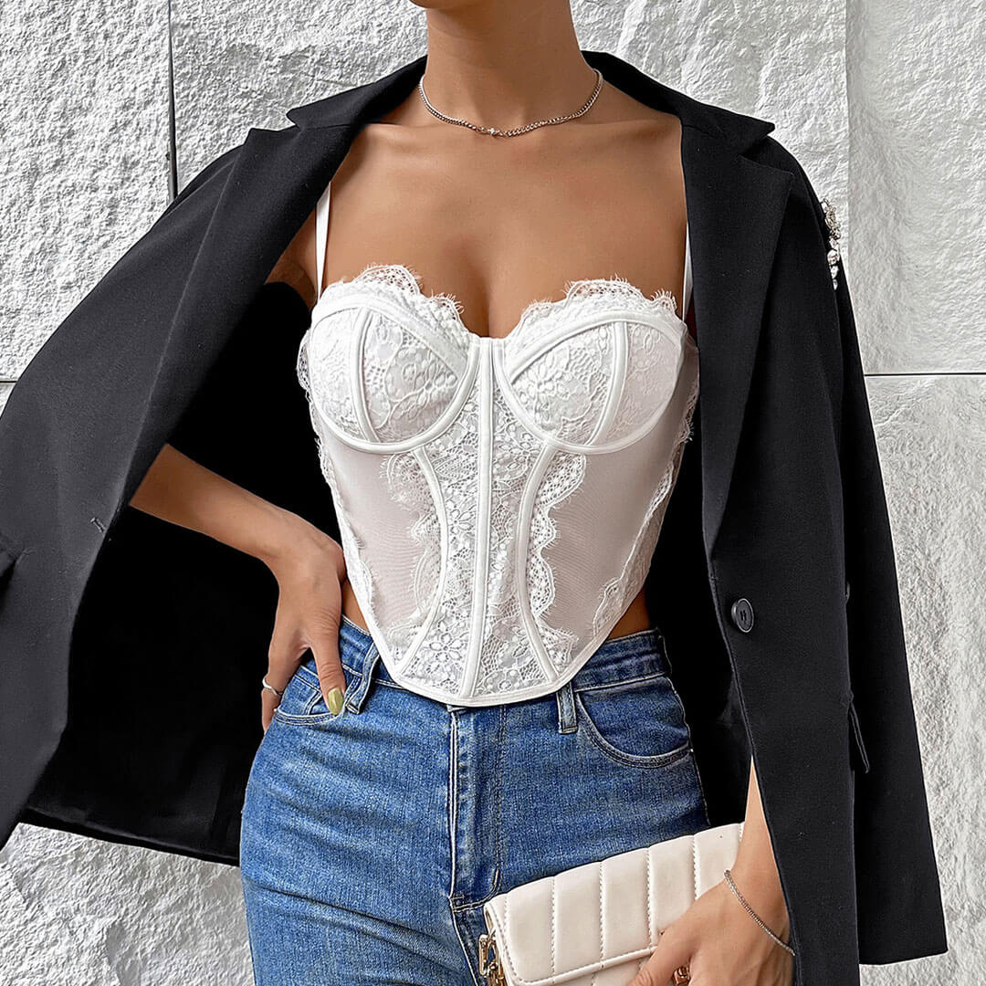 Eyelash Lace Underwire Bustier Sheer Mesh Corset Tank Top - White - Image 2