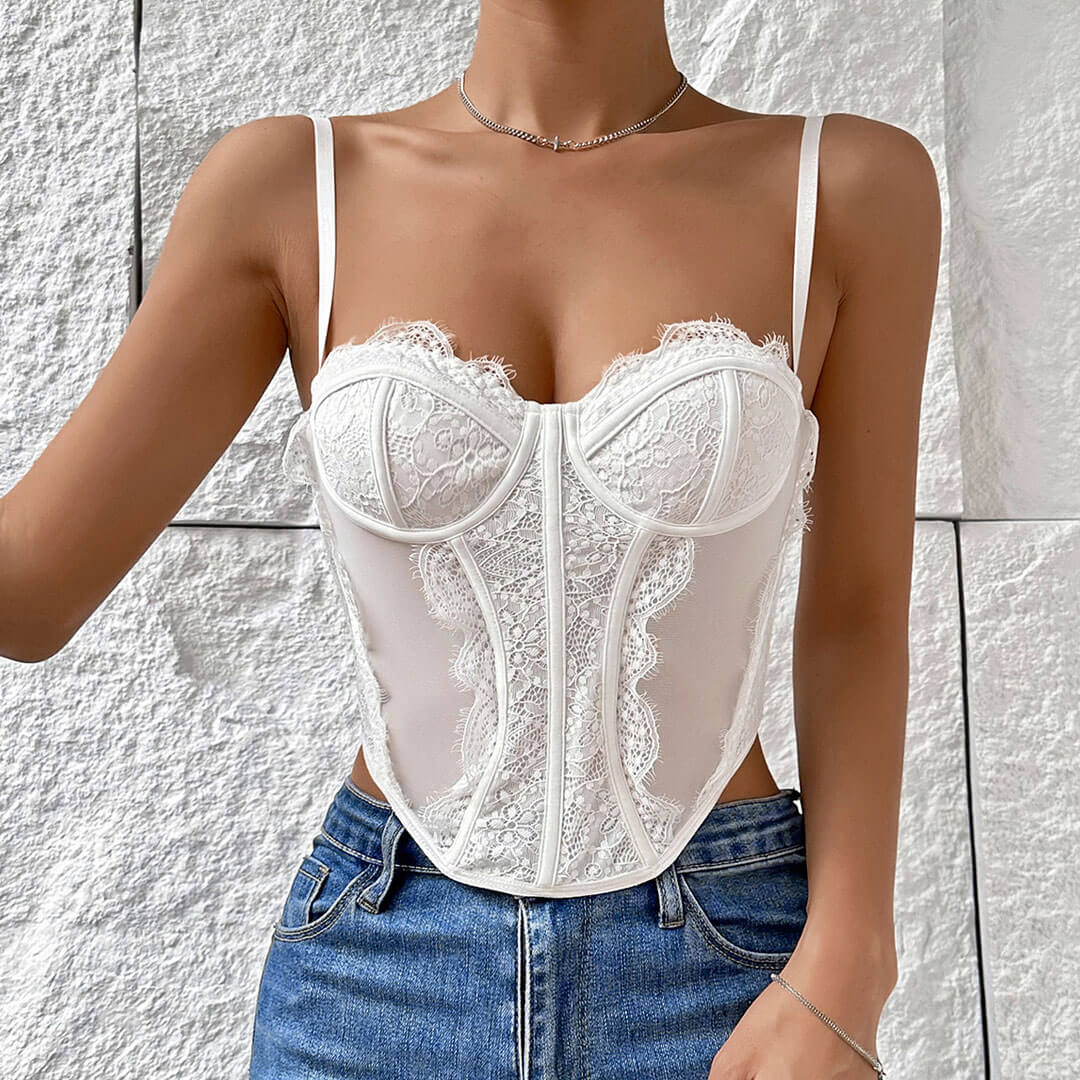 Eyelash Lace Underwire Bustier Sheer Mesh Corset Tank Top - White - Image 3